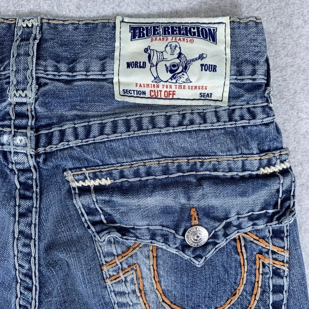 True Religion Cut Off Denim Shorts Mens 29 Blue Flap Pocket Straight Raw Hem